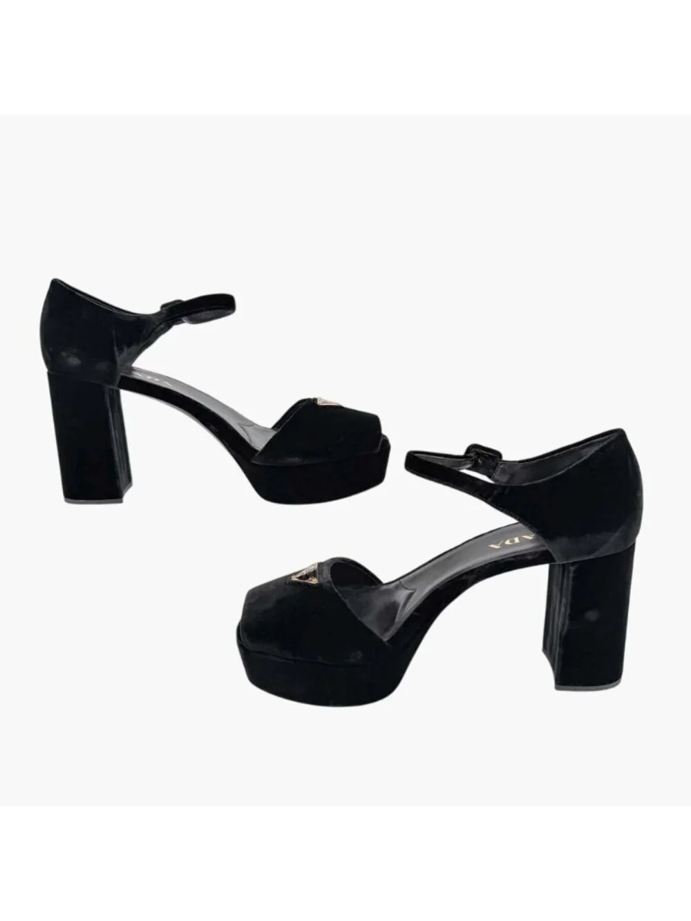 Prada Triangle Logo Platform Pumps Heels Sandals Black Velvet Size 41 US 11